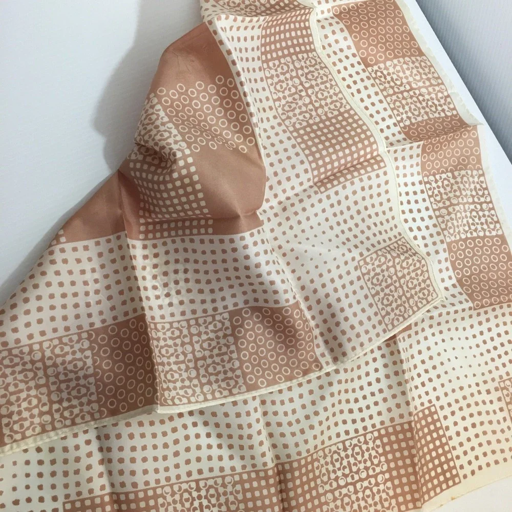 MCM Vintage Scarf Tan White Geometric Abstract 27 in Square Rolled Hem